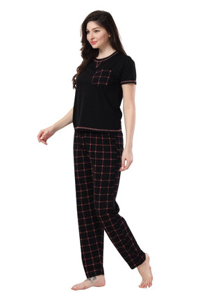 AV2 Women Cotton Printed Top & Pajama Nightsuit Set Black - 2394A