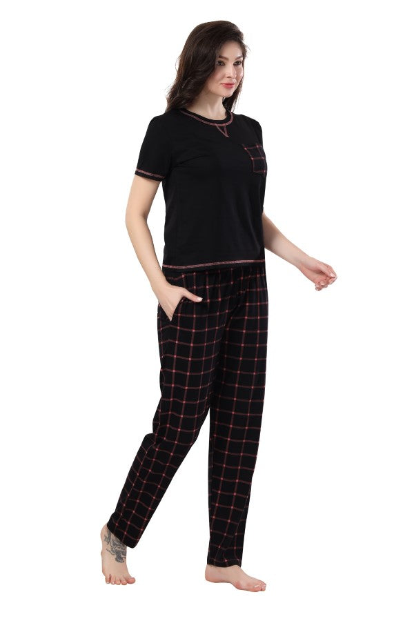 AV2 Women Cotton Printed Top & Pajama Nightsuit Set Black - 2394A