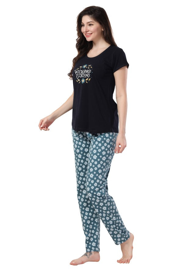 AV2 Women Hosiery Printed Top & Pajama Nightsuit Set Blue - 2407B