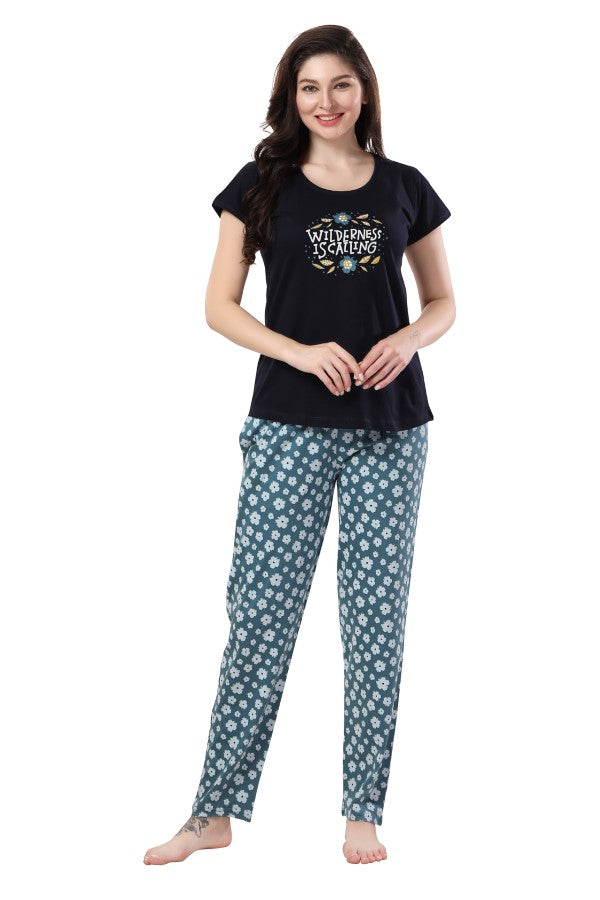 AV2 Women Hosiery Printed Top & Pajama Nightsuit Set Blue - 2407B