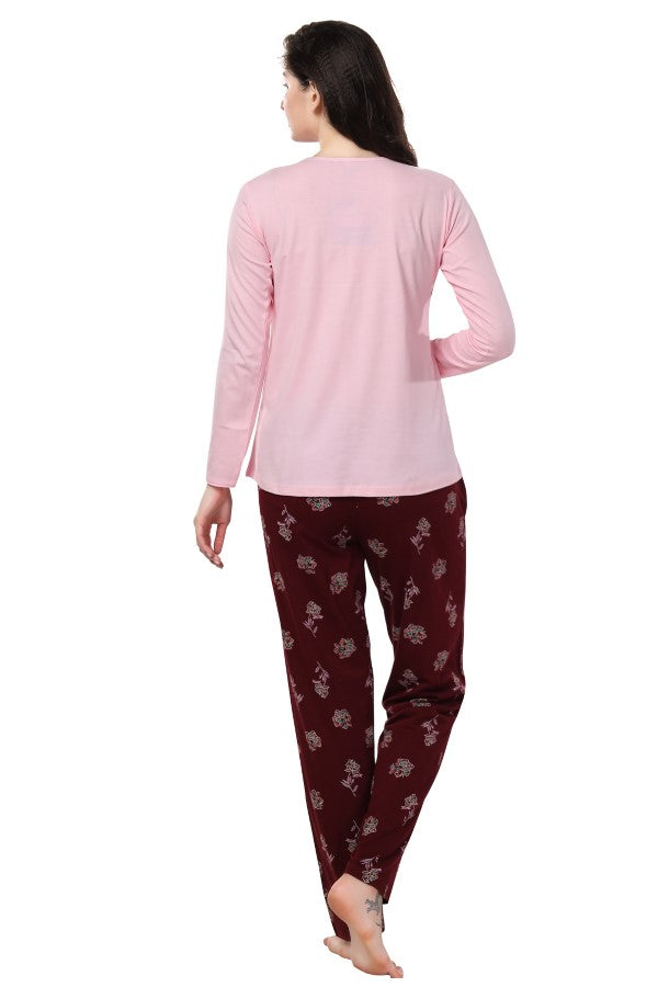 AV2 Women Cotton Printed Top & Pajama Nightsuit Set Pink Maroon - 2441A