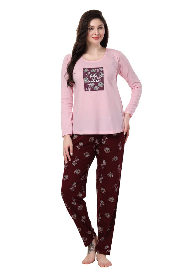 AV2 Women Cotton Printed Top & Pajama Nightsuit Set Pink Maroon - 2441A