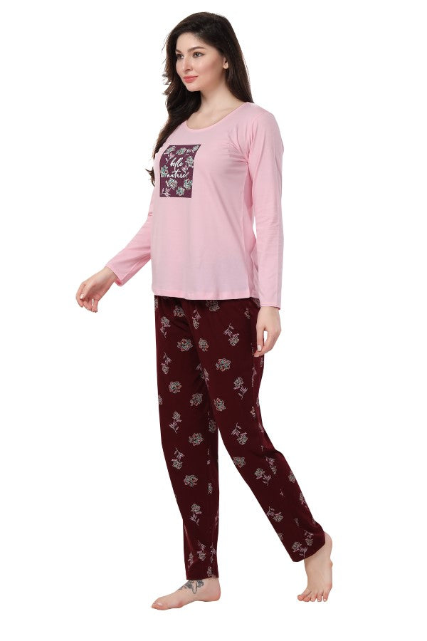 AV2 Women Cotton Printed Top & Pajama Nightsuit Set Pink Maroon - 2441A