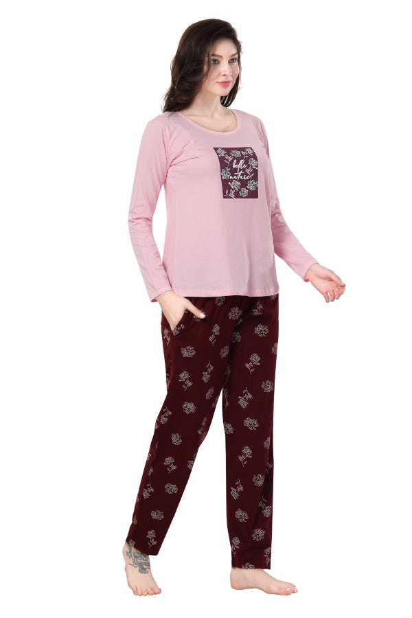 AV2 Women Cotton Printed Top & Pajama Nightsuit Set Pink Maroon - 2441A