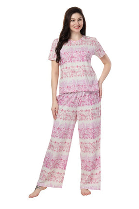 AV2 Women Cotton Printed Top & Pajama Nightsuit Set Pink Pattern - 2397A