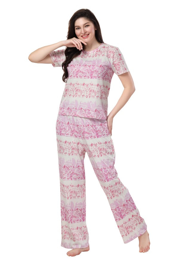 AV2 Women Cotton Printed Top & Pajama Nightsuit Set Pink Pattern - 2397A