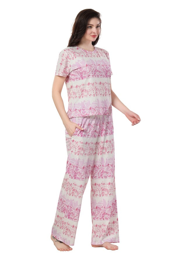 AV2 Women Cotton Printed Top & Pajama Nightsuit Set Pink Pattern - 2397A