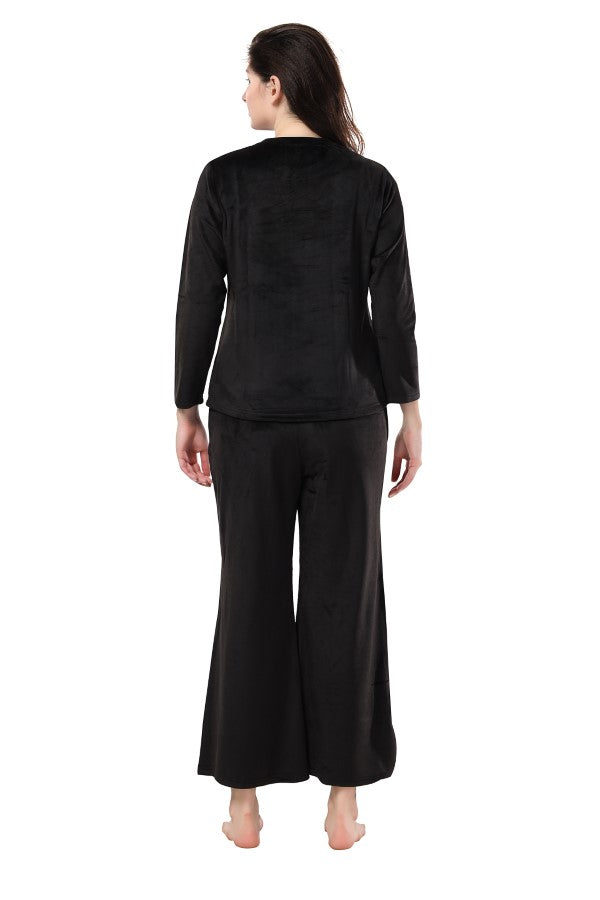 AV2 Women Velvet Round Collar Pajama Nightsuit Set Black - 2468A