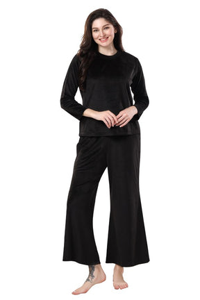 AV2 Women Velvet Round Collar Pajama Nightsuit Set Black - 2468A