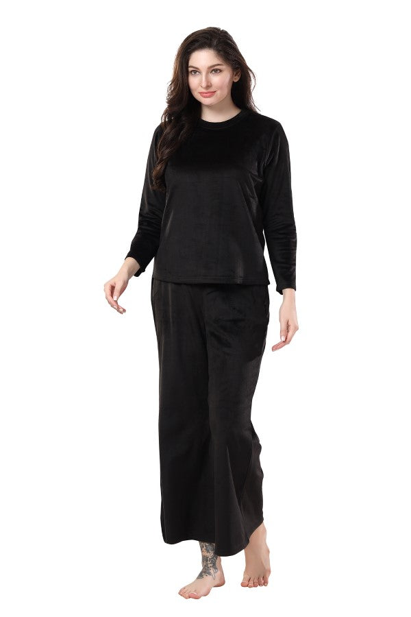 AV2 Women Velvet Round Collar Pajama Nightsuit Set Black - 2468A