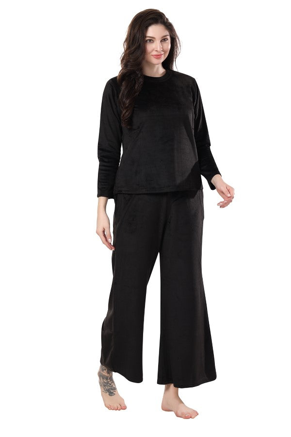 AV2 Women Velvet Round Collar Pajama Nightsuit Set Black - 2468A