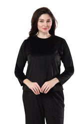 AV2 Women Velvet Round Collar Pajama Nightsuit Set Black - 2468A