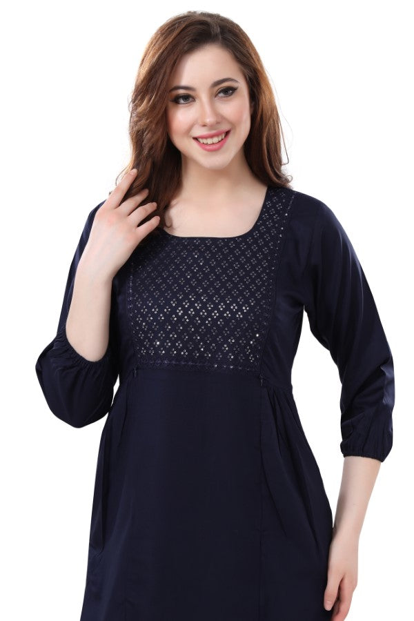 AV2 Women Nursing / Feeding Straight Cut Kurti Navy - 5108C