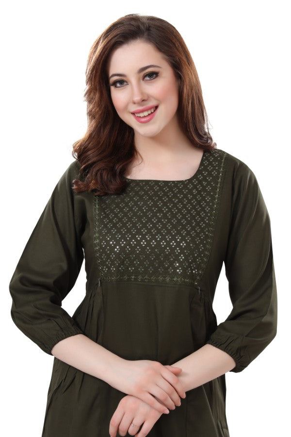 AV2 Women Nursing / Feeding Straight Cut Kurti Olive - 5108A