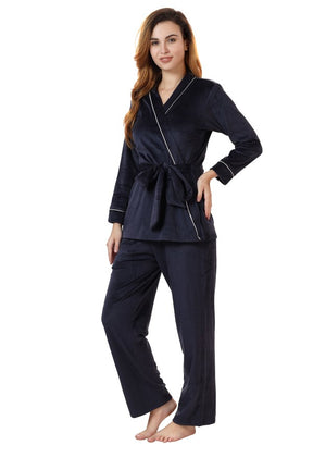 AV2 Women Velvet Solid Top & Pyjama Co-ord Nightsuit set | Airport Lounge wear Green - 2472A