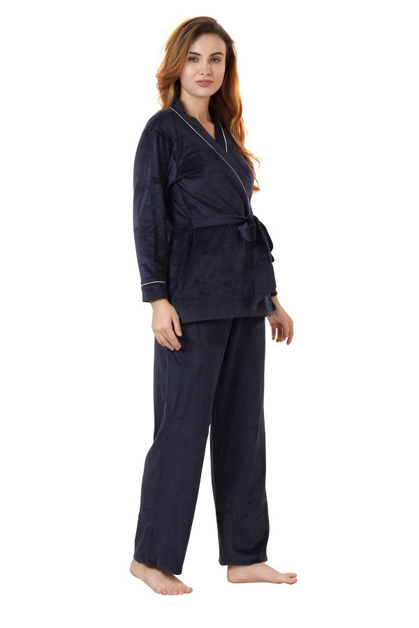 AV2 Women Velvet Solid Top & Pyjama Co-ord Nightsuit set | Airport Lounge wear Green - 2472A