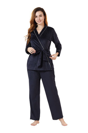 AV2 Women Velvet Solid Top & Pyjama Co-ord Nightsuit set | Airport Lounge wear Green - 2472A