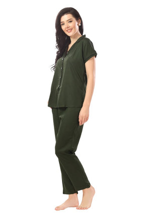 AV2 Women Rayon Short Sleeve Top And Pyjama Nightsuit Set Olive - 2328C