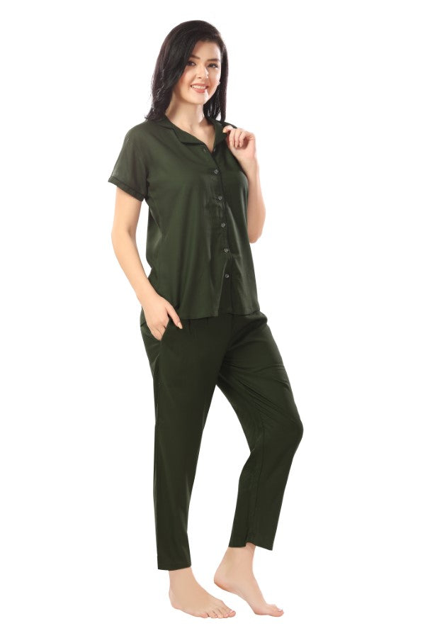 AV2 Women Rayon Short Sleeve Top And Pyjama Nightsuit Set Olive - 2328C