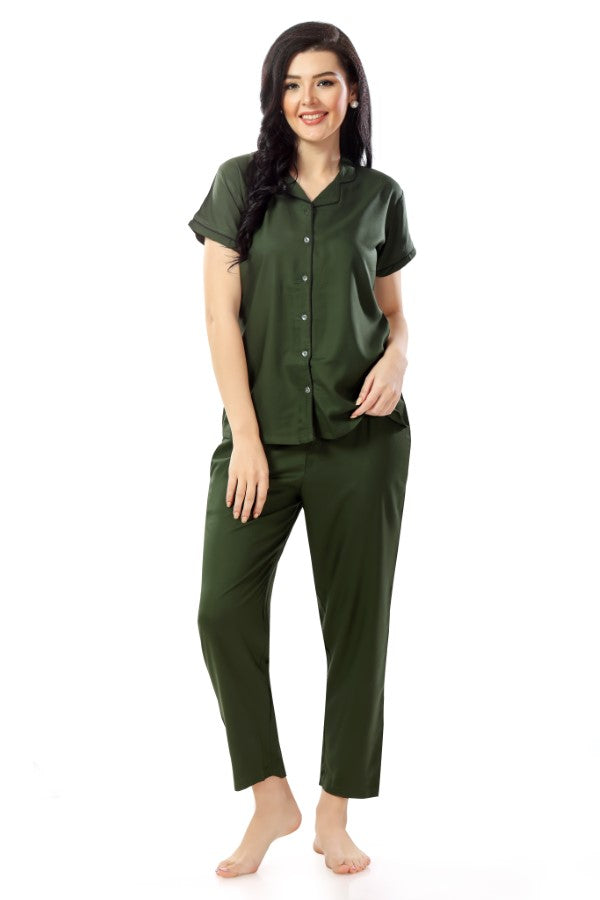 AV2 Women Rayon Short Sleeve Top And Pyjama Nightsuit Set Olive - 2328C