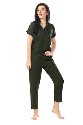 AV2 Women Rayon Short Sleeve Top And Pyjama Nightsuit Set Olive - 2328C