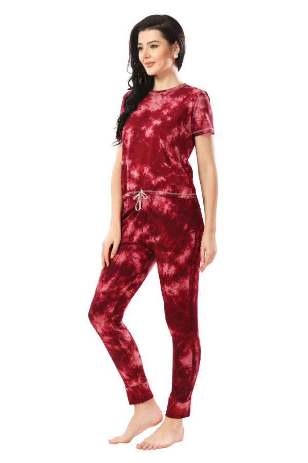 AV2 Women Cotton Tie Dye Top & Pyjama Nightsuit set Maroon - 2327C