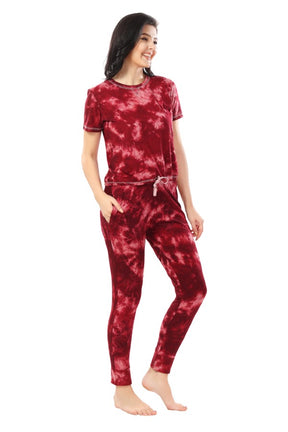 AV2 Women Cotton Tie Dye Top & Pyjama Nightsuit set Maroon - 2327C