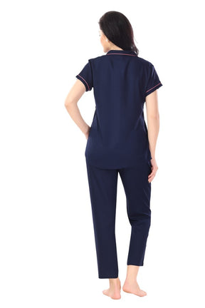 AV2 Women Rayon Short Sleeve Top And Pyjama Nightsuit Set Navy - 2328D