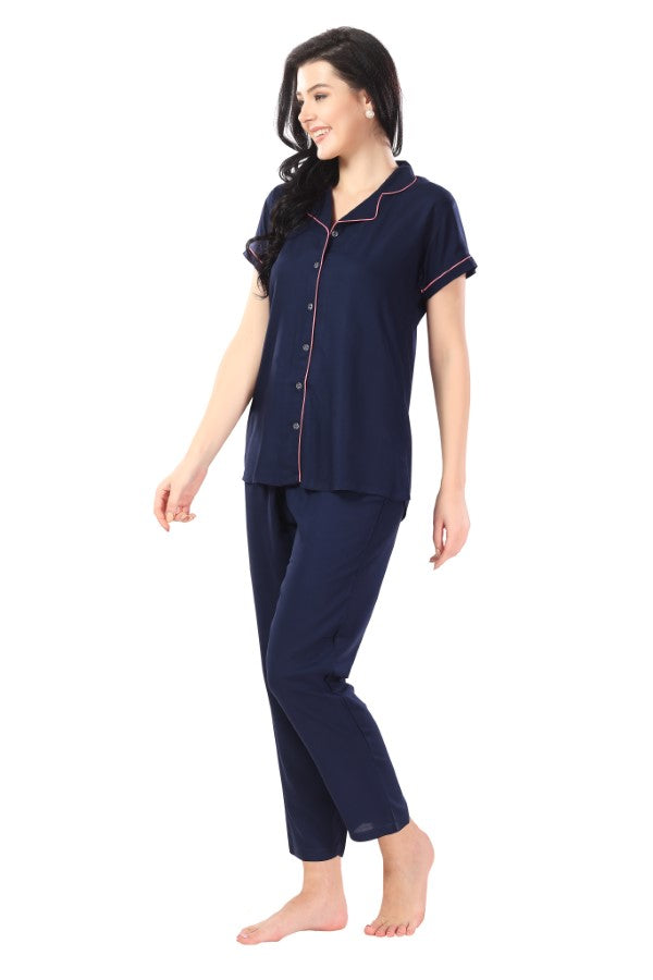 AV2 Women Rayon Short Sleeve Top And Pyjama Nightsuit Set Navy - 2328D