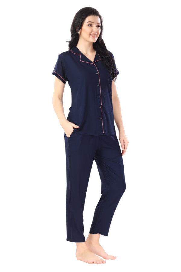 AV2 Women Rayon Short Sleeve Top And Pyjama Nightsuit Set Navy - 2328D