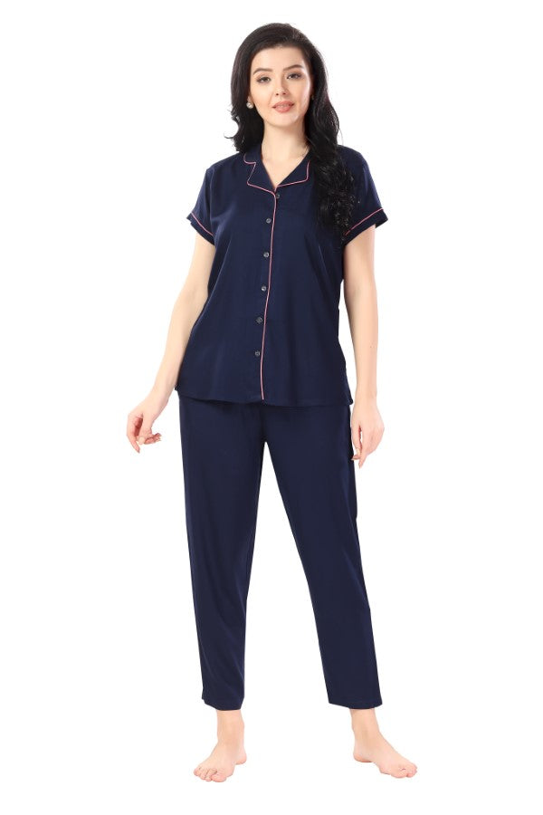 AV2 Women Rayon Short Sleeve Top And Pyjama Nightsuit Set Navy - 2328D