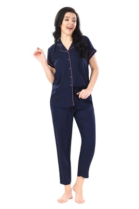 AV2 Women Rayon Short Sleeve Top And Pyjama Nightsuit Set Navy - 2328D