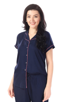 AV2 Women Rayon Short Sleeve Top And Pyjama Nightsuit Set Navy - 2328D