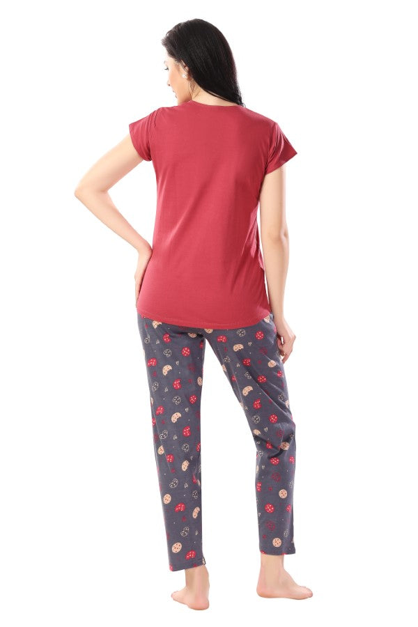 AV2 Women Cotton Printed Top and Pajama Night Suit Set Pink - 2241B