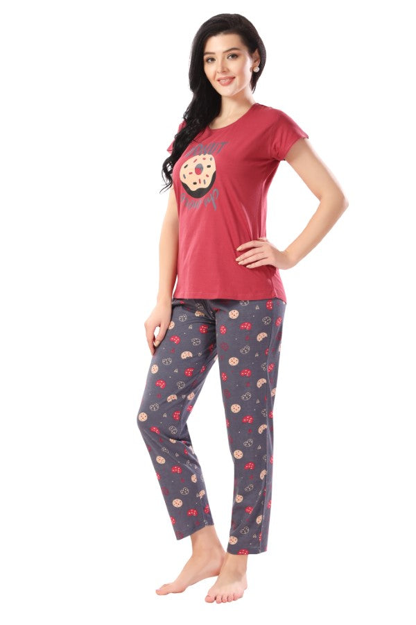 AV2 Women Cotton Printed Top and Pajama Night Suit Set Pink - 2241B