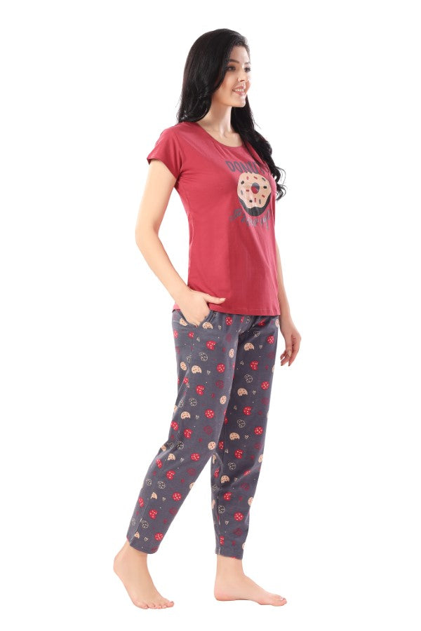 AV2 Women Cotton Printed Top and Pajama Night Suit Set Pink - 2241B