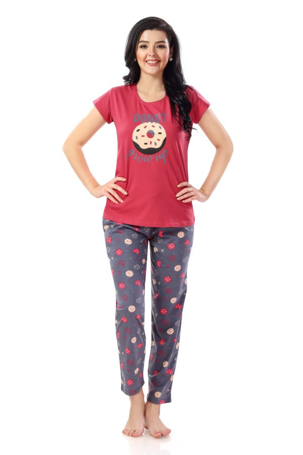 AV2 Women Cotton Printed Top and Pajama Night Suit Set Pink - 2241B