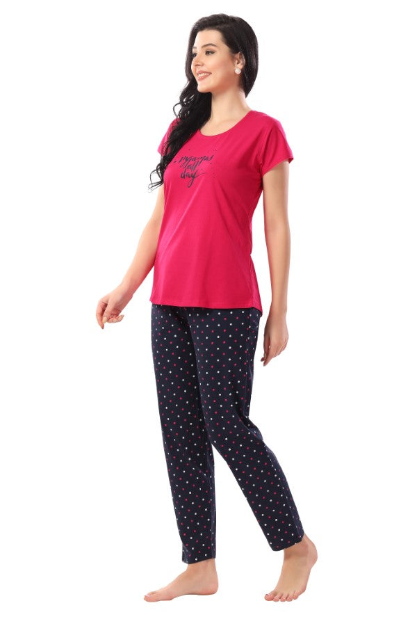 AV2 Women Cotton Printed Top & Pyjama Nightsuit set Pink - 2270B