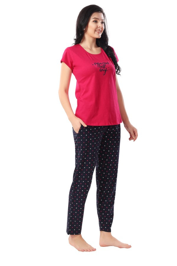 AV2 Women Cotton Printed Top & Pyjama Nightsuit set Pink - 2270B