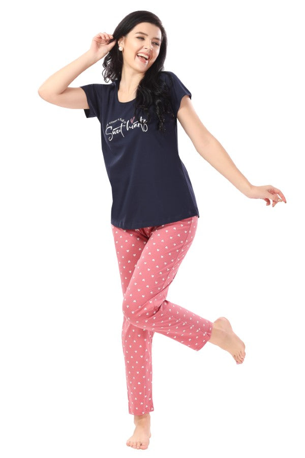 AV2 Women Cotton Printed Top & Pyjama Nightsuit set Navy - 2391A