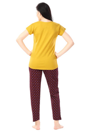 AV2 Women Cotton Printed Top & Pyjama Nightsuit set Mustard - 2270A