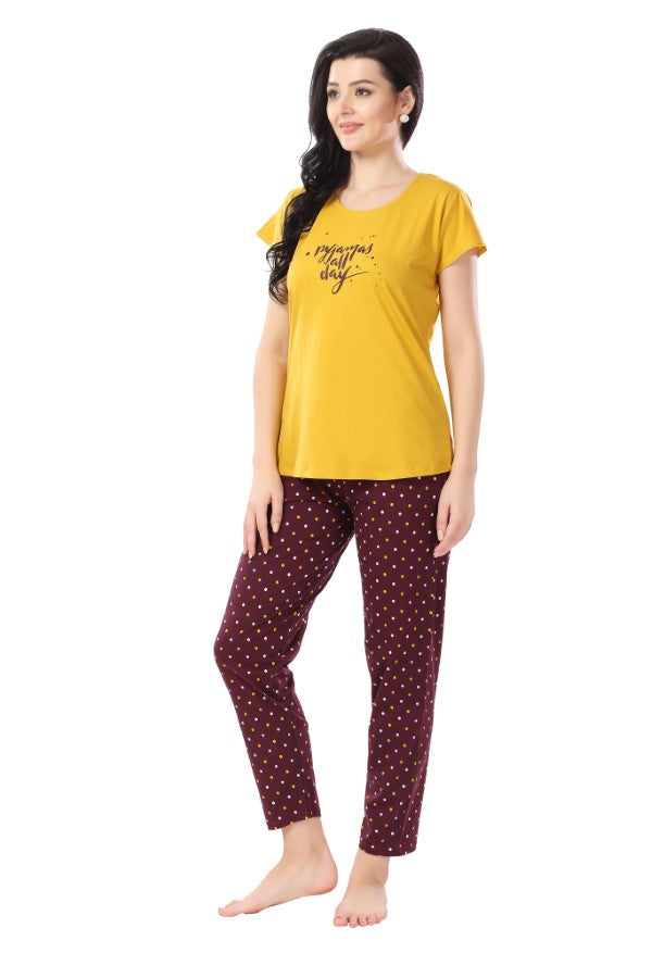 AV2 Women Cotton Printed Top & Pyjama Nightsuit set Mustard - 2270A