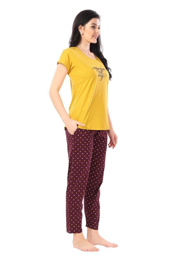 AV2 Women Cotton Printed Top & Pyjama Nightsuit set Mustard - 2270A