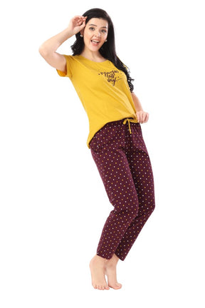 AV2 Women Cotton Printed Top & Pyjama Nightsuit set Mustard - 2270A