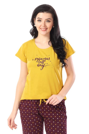 AV2 Women Cotton Printed Top & Pyjama Nightsuit set Mustard - 2270A