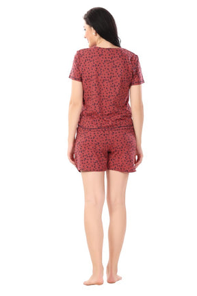 AV2 Women Cotton Printed Top & Shorts Nightwear Set Rust - 2321B