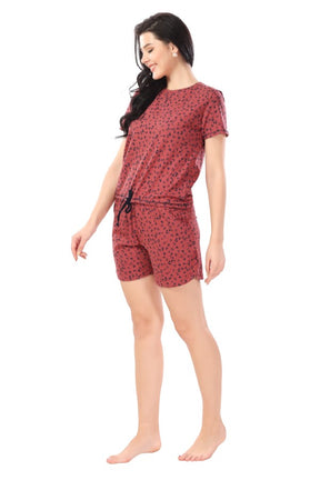 AV2 Women Cotton Printed Top & Shorts Nightwear Set Rust - 2321B