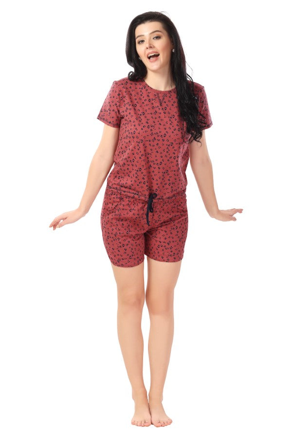 AV2 Women Cotton Printed Top & Shorts Nightwear Set Rust - 2321B